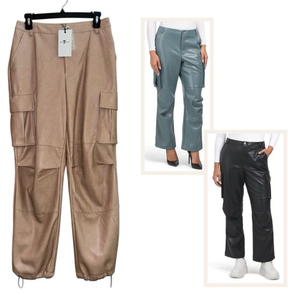 New 7 FOR ALL MANKIND Faux Leather Cargo Pants Vegan Tan Drawstring Ankle Wmn S - Picture 2 of 16